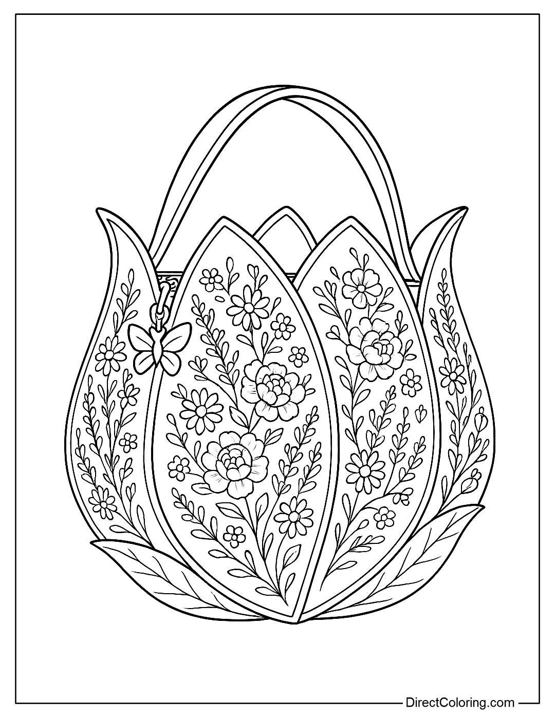 Coloring Page A fashionable handbag shaped like a tulip, with a petal-shaped lid and a leaf-shaped strap